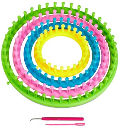 Relaxdays Kit Tejer, Set 4 Telares Redondos, Niños y Principiantes, Ø 28cm, 24cm, 19cm, 14cm, con Agujas, Multicolor
