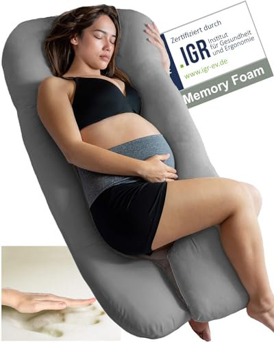 Traumreiter Seitenschläferkissen Visco Comfort M mit Bezug Grau, Hybrid Kissen + 1cm Memory Foam, U Form Schwangerschaftskissen Gel Body Pillow Komfortkissen Erwachsene, Ergonomie Zertifiziert