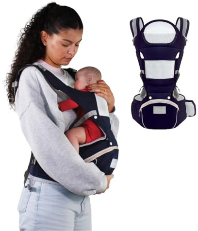 Mobiclinic® kids, Porte-bébé, 6 en 1, Moley, Multiposition, Pliable, Poche zippée, Porte-biberon, Coton premium doux, 0-36 mois, Pour nouveau-nés et enfants (bleu marine)