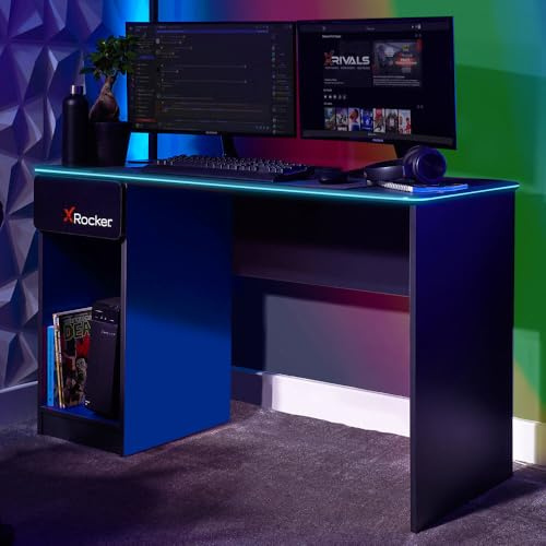 X-Rocker Carbon-Tek 120cm x 50cm, RGB LED Gaming Desk - Neo Fibre Lighting, Built-In Drawer, PC Storage Shelf, Free Standing, Durable Wooden Frame for Kids & Teens - Grey & Blue
