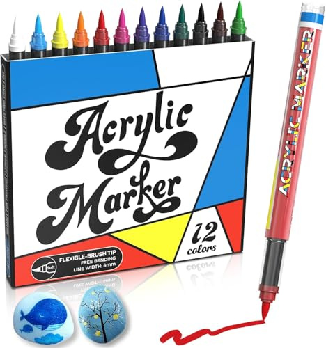 Risiours Acrylic Markers Paint Pens 12 Colors, Acrylic Paint Pens for Rock Painting Adults Christmas Egg Pumpkins Supplies