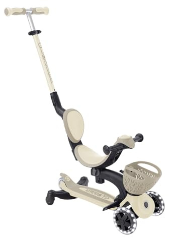 Globber - GO•UP Baby 360 Lights – Skalierbarer Tretroller, 3 Räder mit Sitz und Rückenlehne, für Kinder von 15 Monaten bis 6 Jahren, Taupe