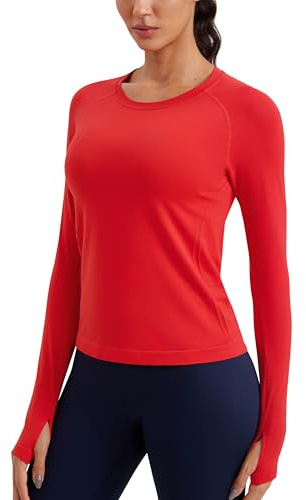 CRZ YOGA Women's Seamless Sports Long Sleeve Shirts Ribbed Running Shirt with Thumb Hole Breathable Quick Dry Fitness Tops Deep Red 12