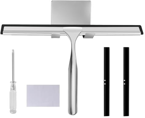 QINGYIWL 25.6 cm Tergivetro Per Doccia,Tergicristallo per Doccia con 2 Lame di Ricambio e 1 Gancio, Tiraacqua da Doccia in Acciaio Inox per Vetri, Piastrelle, Specchi e Finestre