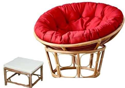 MIAOMI Wicker Papasan Chair, Home Furnishings Wicker Papasan Chair, Comfortable Saucer Chair, with Comfortable Egg Chair Cushion and Footstool, 110 * 110 * 80cm(Red)