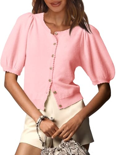 Saodimallsu Womens Puff Short Sleeve Cardigan Lightweight Summer Button Down Shirts Knit Crew Neck Sweater Tops Pink