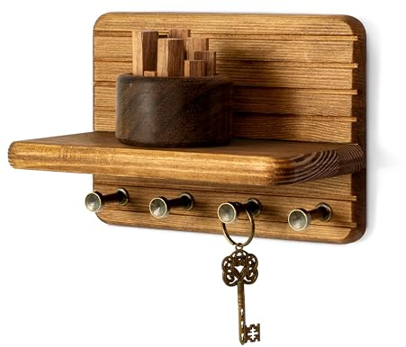 Rebee Vision Small Key Holder Wall Mount for Home Decor – Decorative 7-Inch Pine Wooden Key Holder for Wall with 4 Hooks & Mini Floating Shelf - Modern Farmhouse Home Organization (Light Brown)