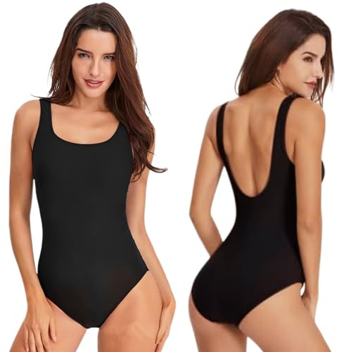 Women One Piece Swimsuit Swimming Costume Tummy Control Ladies Round Neck Swimwear Monokini with Removable Pads Sexy High Cut Low Back Bathing Suits (UK, Alpha, L, Regular, Regular, Black)