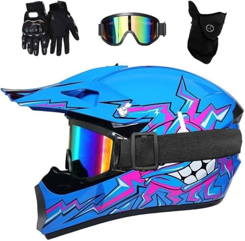 Vuxen Full Face MTB Motocross Hjälm med glasögonhandskar Mask, Unisex Motorcykel utanför vägen Motorcykelhjälm, Downhill Enduro MX Quad ATV Sports Dirt Bike Crash Hjälm(Blue,L(56~57cm))