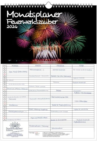 Petardi, planner a 4 colonne, formato DIN A3, per fuochi d'artificio 2026, set di 1 calendario, 1 ciondolo natalizio (totale 2 pezzi)