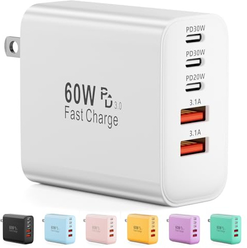 USB C Charger Block, 60W 5-Port Type C Charger Fast Charging Block, USBC USB Multiple Port Wall Charger Plug Adapter for iPhone 17/Air/16/15/14/13/12/11 Pro Max, Samsung Galaxy, iPad, Tablet (White)