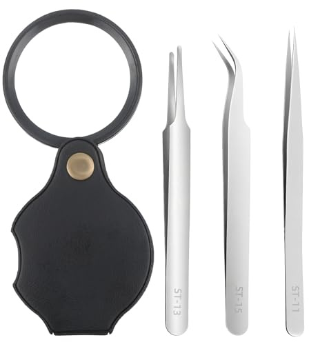 3Pcs Precision Tweezers, Stainless Steel Tweezer with 10X Magnifying Glass Loupe Extra Fine,Angled,Blunt Tips Tweezer for Electronics, Soldering, Laboratory Work