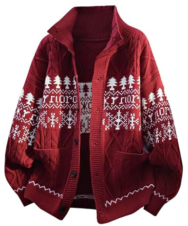 Men's Christmas Sweater Rever Norwegian Cardigan with Buttons and Christmas Motif Warm Christmas Sweater Ugly Winter Jacket Fleece Coat for Christmas, red, XL