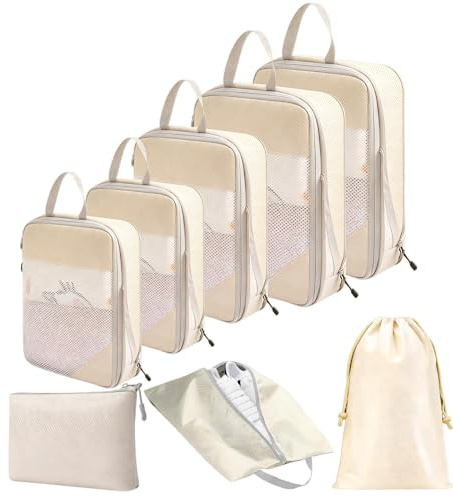 8 Piezas Organizador Maleta, Compresión y Almacenaje Compacto, Packing Cubes Impermeables, Bolsas de Almacenamiento para Ropa, Zapatos y Cosméticos, Organizador de Maleta para Viaje