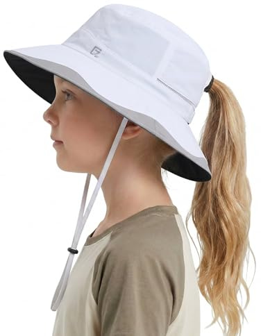 Bob pour enfant avec large bord, chapeau de soleil pour fille avec ouverture pour queue de cheval, protection solaire UPF50+ chapeau de plage d'été pour garçons et filles pour randonnée, Blanc