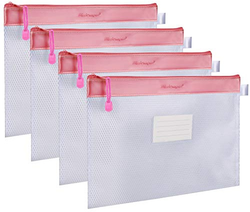 Wisdompro A4 Zip Wallets Folder, PVC Thick Waterproof Zip Lock Bags, Mesh Document File Pouches Folders with Label Pocket for School Office Household Travel Supplies (4 Pack Pink）