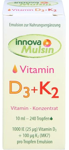 innova Mulsin Vitamin D3 + K2 Tropfen | 100% Bioverfügbarkeit da Emulsion | ohne Farbstoffe | Deutschland