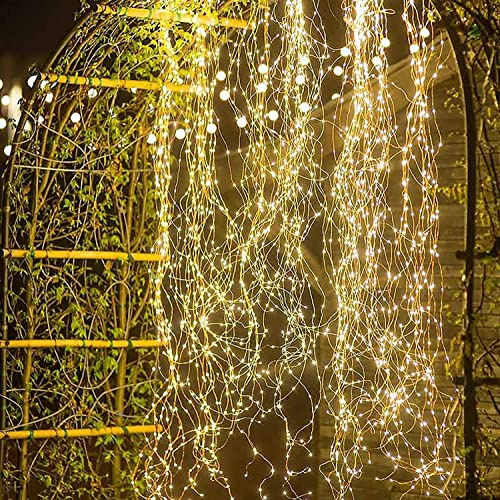 200 luces de hadas de cascada LED, 10 unidades de luces de cadena de ratán de cielo estrellado solar a prueba de agua, 8 patrones de iluminación, terraza jardín decoración navideña (Energía solar)