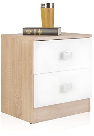 duehome | Mesita de Noche con 2 Cajones, Mesilla de Noche, Modelo Kamik, Acabado en Blanco y Nordico, Medidas: 39,5 cm (Ancho) x 44 cm (Alto) x 33,5 cm de (Fondo)