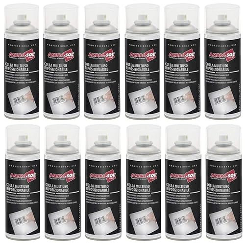 12 bombolette di Colla Multiuso Riposizionabile da 400ml, colla spray permette di incollare, staccare e riattaccare i prodotti