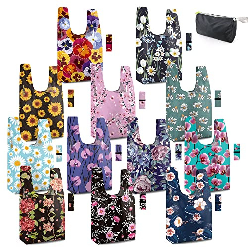 BeeGreen Large Flower Tote Bag - 12 Pack Heavy Duty Reusable Grocery Bags and Foldable Shopping Bags for Groceries, Cute Travel Reusable Gifts,Lightweight Washable Cloth Bag With Handles for Women​