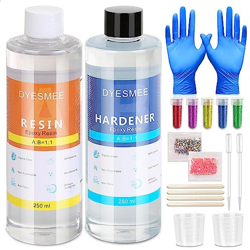 DYESMEE Epoxidharz Set – 500 ml Glasklar Epoxidharz Set Anfänger für Kunsthandwerk, Kunst, Schmuckherstellung, Flusstische – Harz Gießen Set mit Messbechern, Stäbchen, Tropfer und Handschuhen