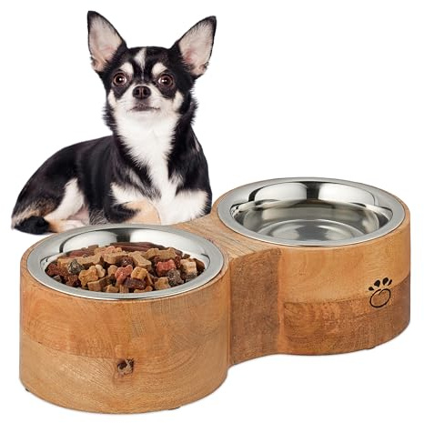 Relaxdays Support avec gamelles, Chiens, 2 Bols en Acier Inoxydable de 400 ML, HxLxP : 8x30,5x14,5 cm, Nature - argenté