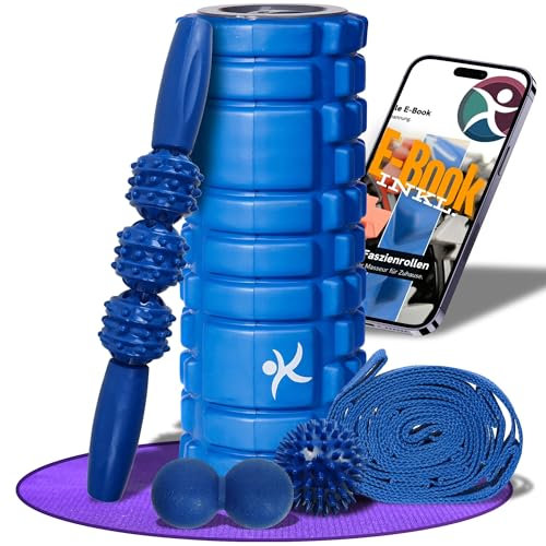 FlexRoll 5in1 Faszienrollen Set Wirbelsäule & Ganzkörper (33x13cm) [3D Tiefenmassage] Massagerolle Yogarolle Rückenrolle Faszienball Duoball Mittelfest für Rücken Beine Nacken Oberschenkel… | Blau