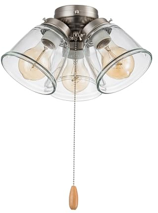 Aspen Creative 22011-1, Three-Light Ceiling Fan Light Kit with Pull Chain, Brushed Nickel Finish with Clear Glass Shades, 13-1/8 Diameter x 6-3/4 Height
