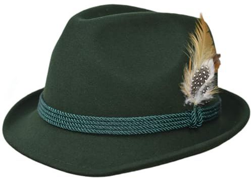 Melegari Sombrero Trilby Tirolés Brixen | Cordón Tirolés Tradicional y Plumas | Sombrero Popular de Montaña | Sombrero Alpino | Hombre Mujer | Verano/Invierno, Verde, 55