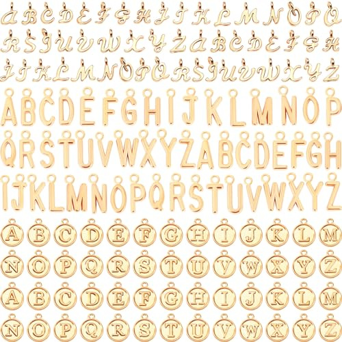 SANNIX Letter Charms, 156Pcs/6 Sets Alphabet ABC Letter Charms 3 Styles Capital A-Z Charm DIY Bracelet Necklace Pendants with 200Pcs Open Jump Rings for Jewelry Making (KC Gold & Antique Silver)