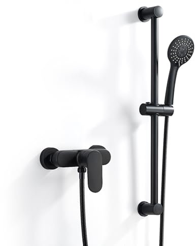 Rehomthy Mitigeur Monocommande Douche Noir avec Barre de Douche Réglable 635mm, Douchette à Main, Flexible 150mm, Robinet Mitigeur Ensemble de Douche Mural