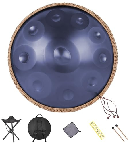 Handpan Drum - 22 Inch D Minor 10 Note Steel Drum for Adults, With Soft Bag, Mallet, Stand, Harmonic Percussion for Sound Healing, Meditation, Yoga (Blue)