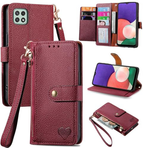 VEEMOS Zipper Wallet Case for Samsung Galaxy A22 5G Phone Case with Purse Card Holders RFID Blocking Leather Flip Case Book Cover Wrist Strap Women - Red