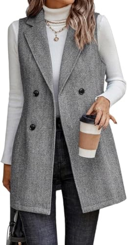 Mujeres sin Mangas Solapa botón Frontal otoño Chaleco de Tweed Chaqueta Larga Chaleco sin Mangas Chaleco de Tweed otoño Chaleco sin Mangas Traje Chaqueta (Gris,M)