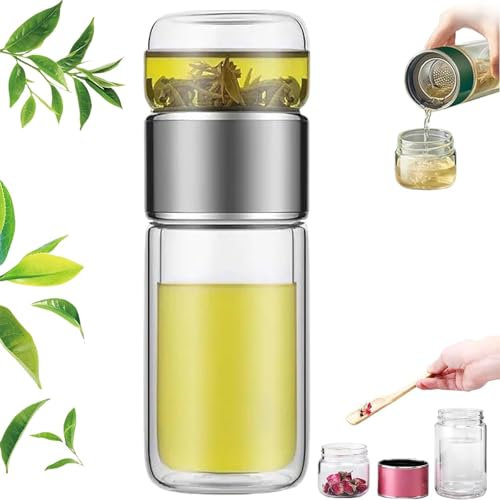 Bouteille à thé en verre à double couche | Machine à thé intelligente 3 en 1 et infuseur à thé en vrac pour infuser du thé en vrac (argent, 280 ml)