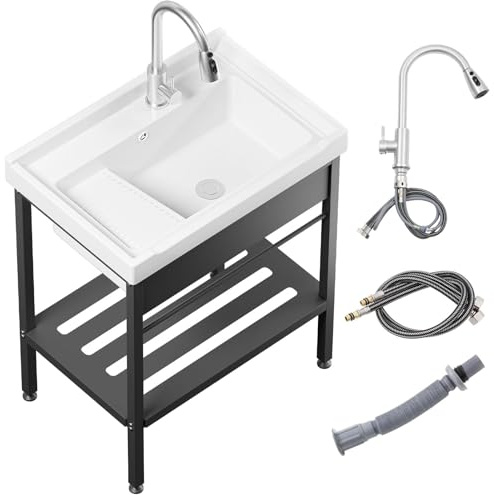 Lavandino per lavanderia, 71,1 x 48,3 x 87,1 cm, in ceramica, con set di lavabo, lavello indipendente con rubinetto per acqua fredda e calda, tubi e kit di scarico per lavanderia, cantina, esterni e