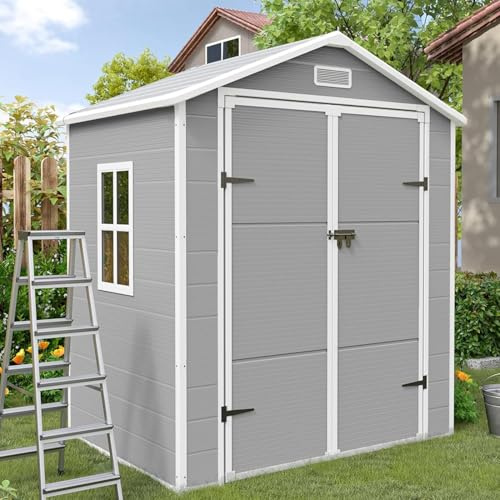 Amopatio Trädgårdshus väderbeständig 3,9 m³, yttermått: B x D x H:183 x 137 x 210 cm plastharts, fönster, cykelgarage, utomhusförvaring för papperskorg bakgård, trädgård, grå och vit