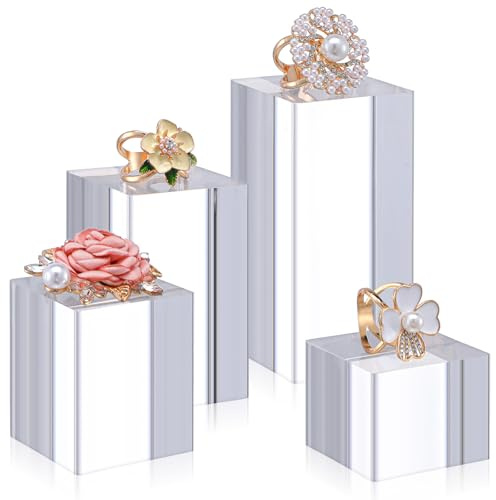4 Pcs Acrylic Blocks for Display 4 Size Square Clear Polished Acrylic Cube Display Risers Stands Transparent Solid Displays Block for Photo Props Pedestal Stand for Jewelry Perfume Figure Collection