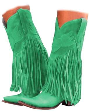 Bottes Western de Cowboy à Franges pour Femme - Bottines Medieval d'automne et d'hiver à Talon Bas - Confort Chic mi-Mollets Couleur Unie Boots - pour Les Festivals et la Vie de Tous Les Jours
