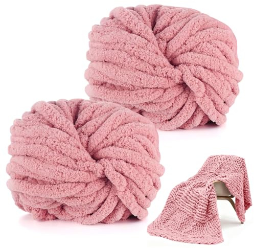 Filo di lana grosso per uncinetto, 2x245g di morbido filato per lavorare a maglia a mano, lana morbida per lavori a maglia a mano per coperte, cuscini, decorazioni per la casa (rosa chiaro)