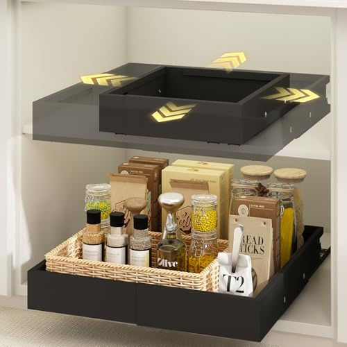 Mointal Lot de 2 Petits Tiroirs Télescopiques à 4 Direction, Tiroirs de Cuisine Coulissants, Largeur 26-41 cm & Profondeur 33-42 cm, Organisateur de Tiroirs Métallique pour Armoire, Vis/Adhésif, Noir