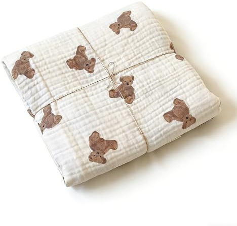NCONCO Muslin-filt, 90 x 130 cm stor mjuk tunn andningsaktiv 100 % bomull muslin bomullshandduk dubbeltäcke muslindukar som present badhandduk sommar vinter (med björnmotiv)