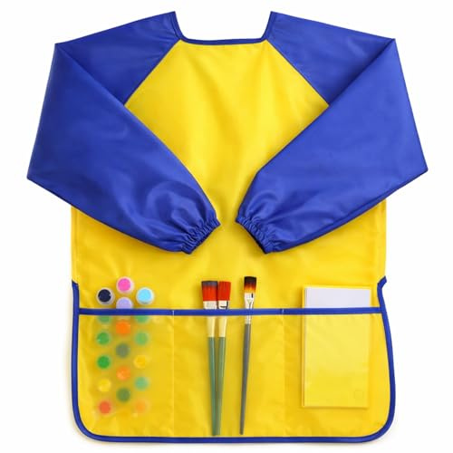 Apausvcm Waterproof Kids Painting Apron with Long Sleeves and 3 Pockets - Toddler Art Smocks for Painting Artists, Age 2-8 Years (Yellow and Blue)