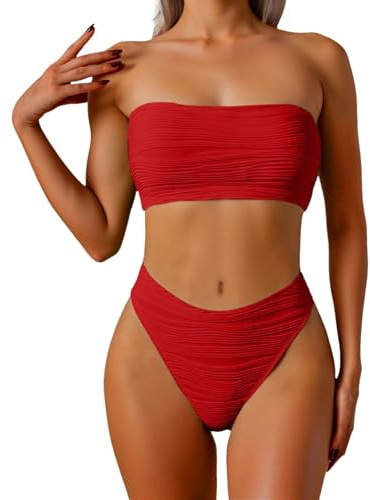Générique Maillot de Bain 2 Pièces Femme Bikini Bandeau Bustier à Texture Gauffrée avec Bas de Bikini Échancré Taille Haute