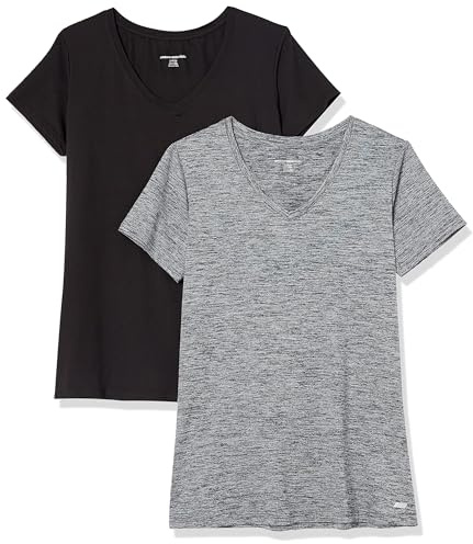 Amazon Essentials T-shirt Stretch et Quick Dry, Col en V et Manches Courtes (Disponible en Grande Taille) Femme, Lot de 2, Gris Foncé Teinture Spatiale/Noir, XL