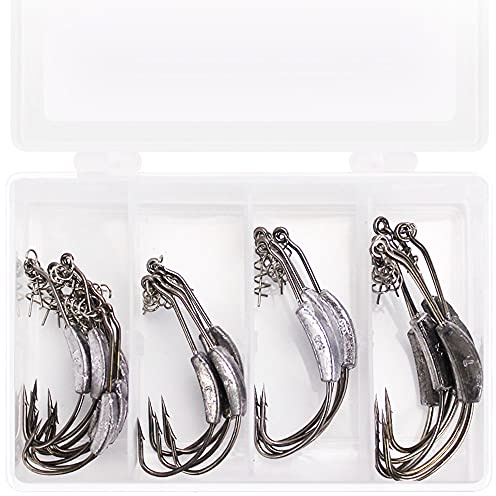 ANCLLO 25pcs/Box Weighted Fishing Hook with Spring Lock, Soft Plastic Worm Swimbait Hook for Freshwater Saltwater Redfish, Snook