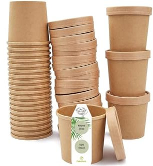 DeinPack 500 Suppenbecher mit Deckel braun 480 ml 16oz I Becher mit PLA Innenbeschichtung Suppen-Becher to Go Pappe I 500 Bio Einweg-Becher mit Deckel | Eisbecher mit Deckel | biologisch abbaubar