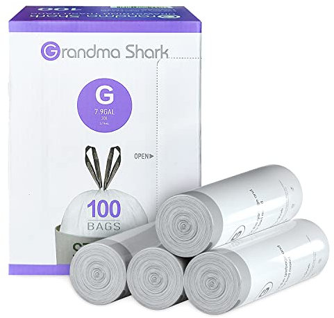 GRANDMA SHARK Bin Bags Liners, 100 Unscented Waste Bags, Up to 35L, 100 count, Drawstring, Anti-drip, Super Strong, White, Low Density Polyethylene