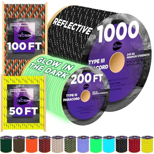 TECEUM Paracord Type III 550 Black – 100 ft – 4mm – Tactical Rope MIL-SPEC – Outdoor para Cord –Camping Hiking Fishing Gear and Equipment – EDC Parachute Cord – Strong Survival Rope 016b